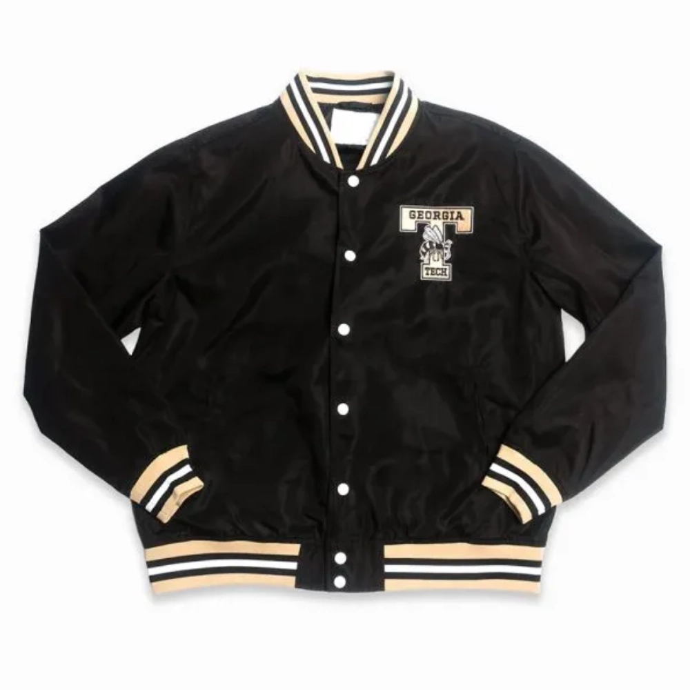 Georgia tech yellow script bomber black satin varsity jacket 2