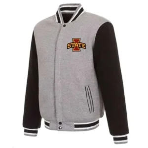 Iowa hawkeyes gray black wool leather varsity jacket 1