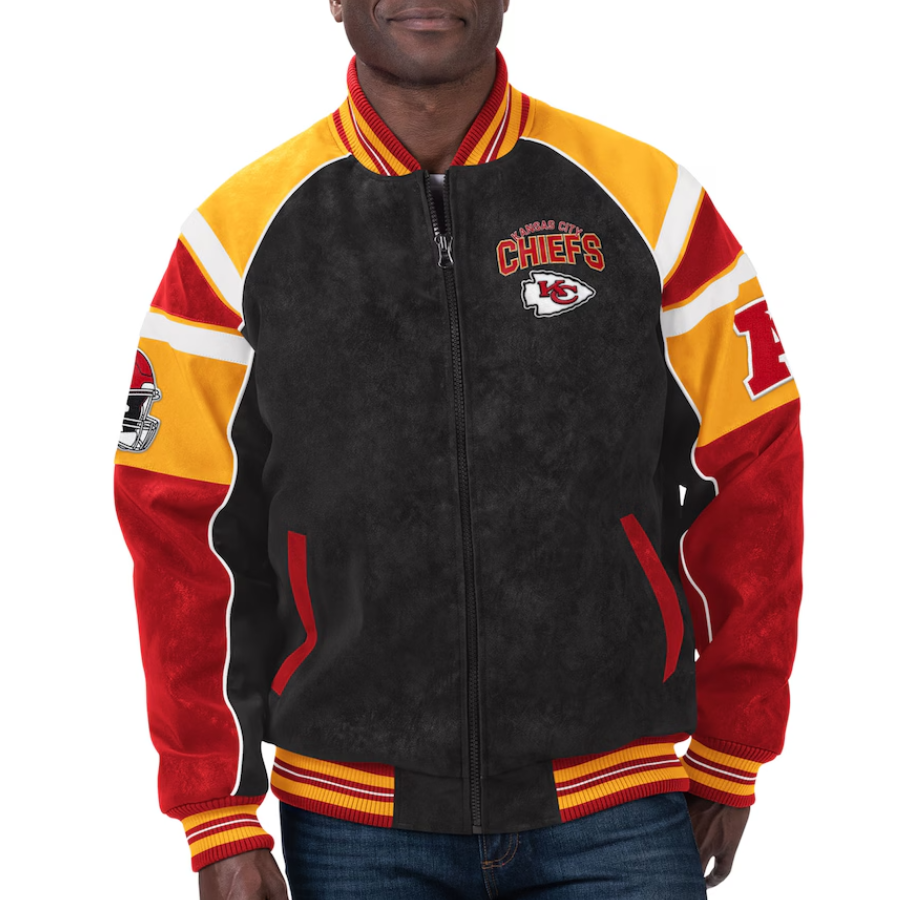 Kansas city chiefs g iii sports by carl banks raglan black leather varsity jacket 1