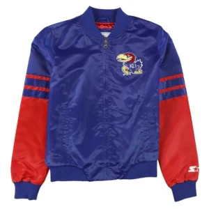 Kansas jayhawks blue red bomber satin varsity jacket 1