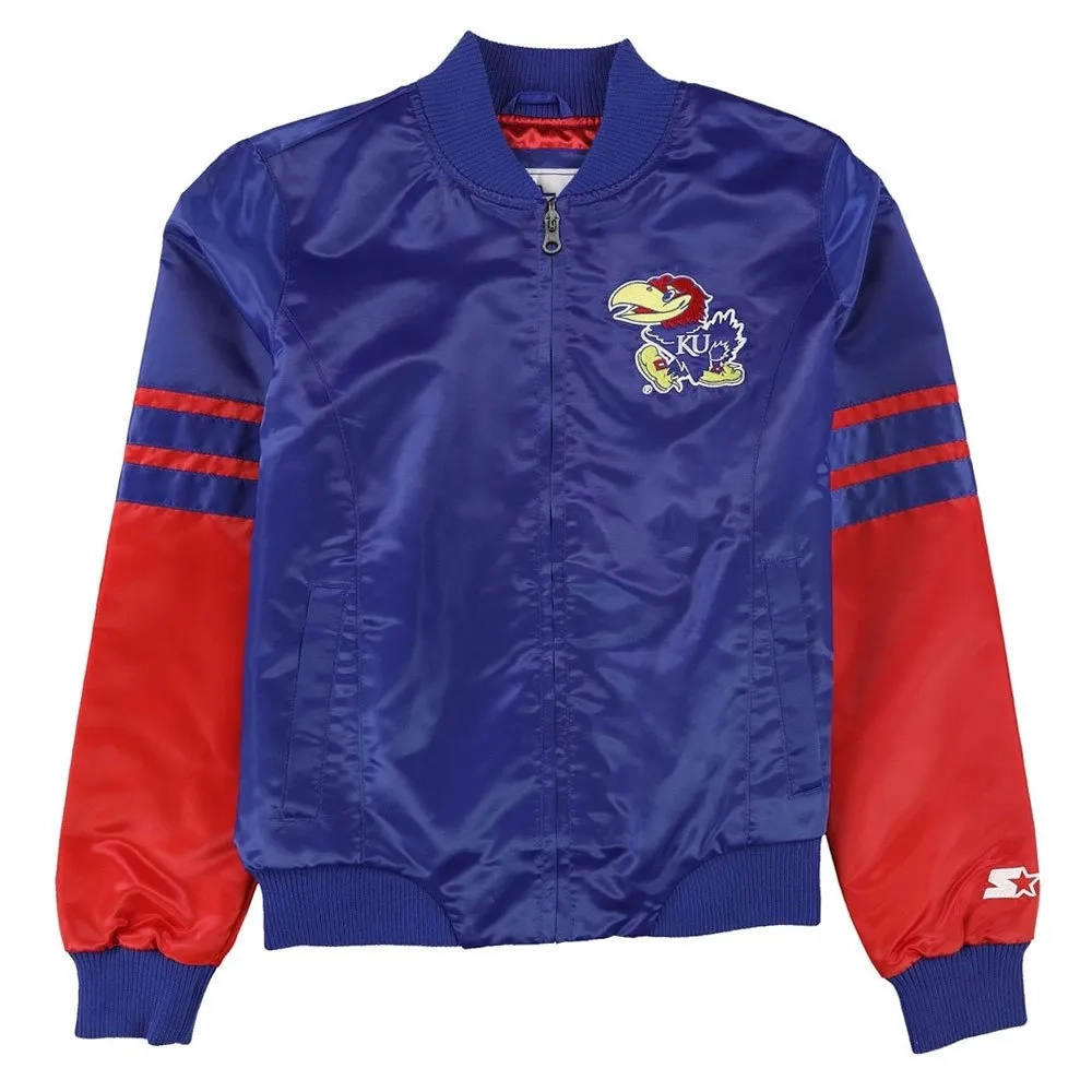 Kansas jayhawks blue red bomber satin varsity jacket 1