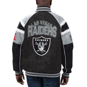 Las vegas raiders g iii sports by carl banks raglan black leather varsity jacket