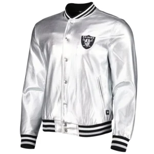 Las vegas raiders the wild collective metallic bomber silver polyester varsity jacket 2