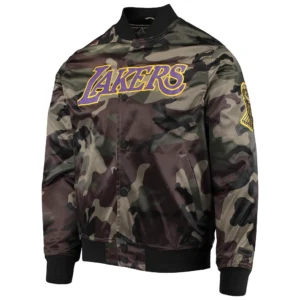 Los angeles lakers camo satin varsity jacket