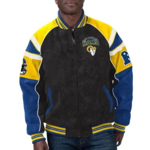 Los angeles rams g iii sports by carl banks raglan blackblue leather varsity jacket 1