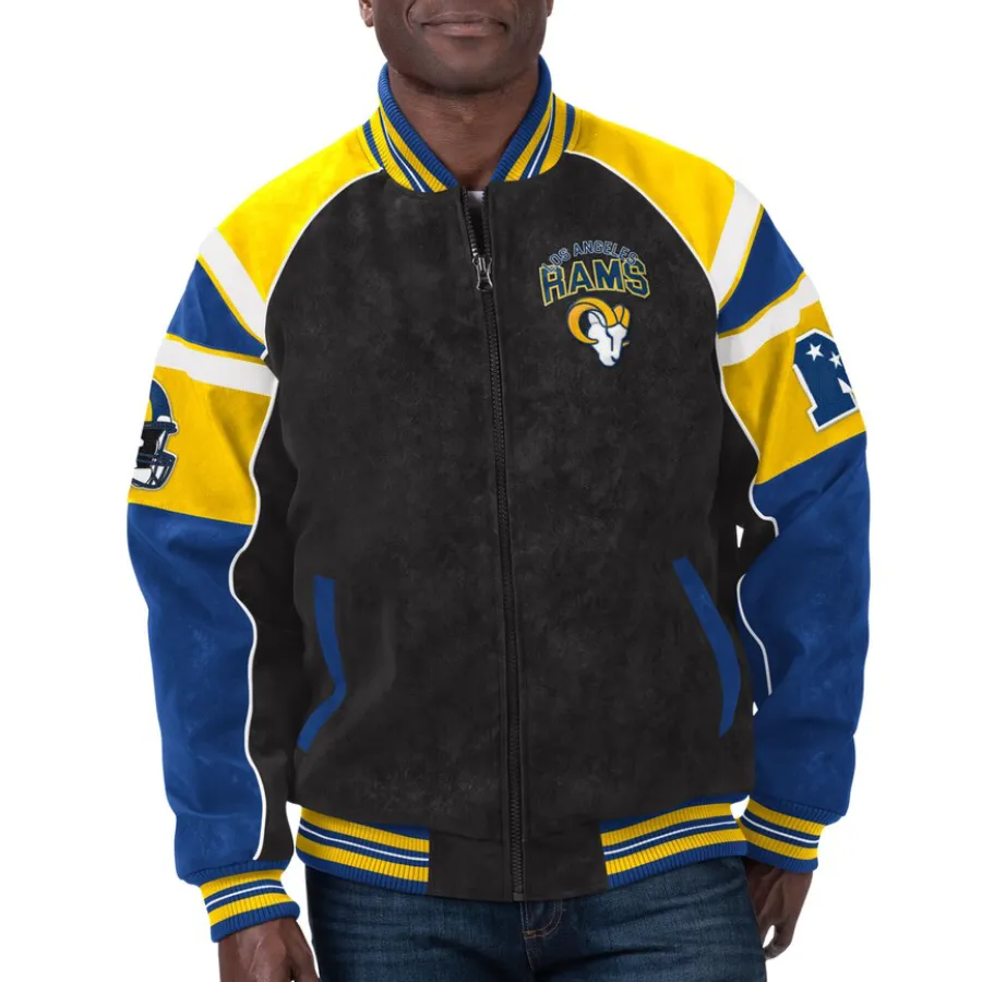 Los angeles rams g iii sports by carl banks raglan blackblue leather varsity jacket 1