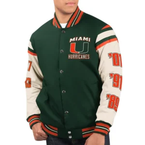 Miami hurricanes champions commemorative greenwhite wool varsity jacket 2