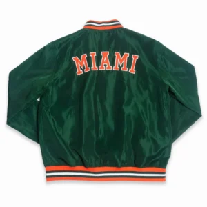Miami hurricanes retro sebastian green satin varsity jacket 2