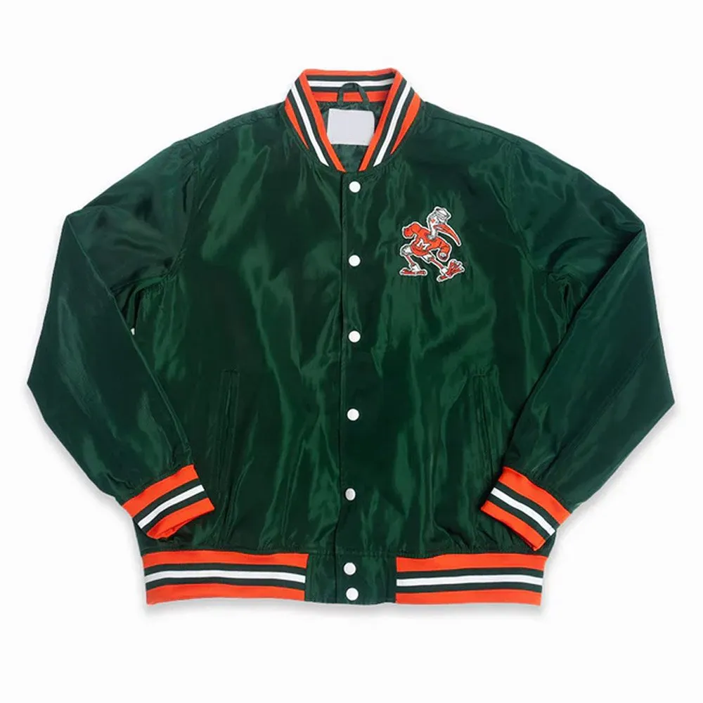 Miami hurricanes retro sebastian green satin varsity jacket 3