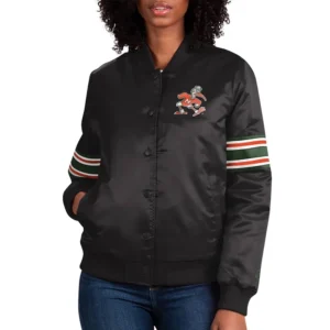 Miami hurricanes striped black satin varsity jacket 1
