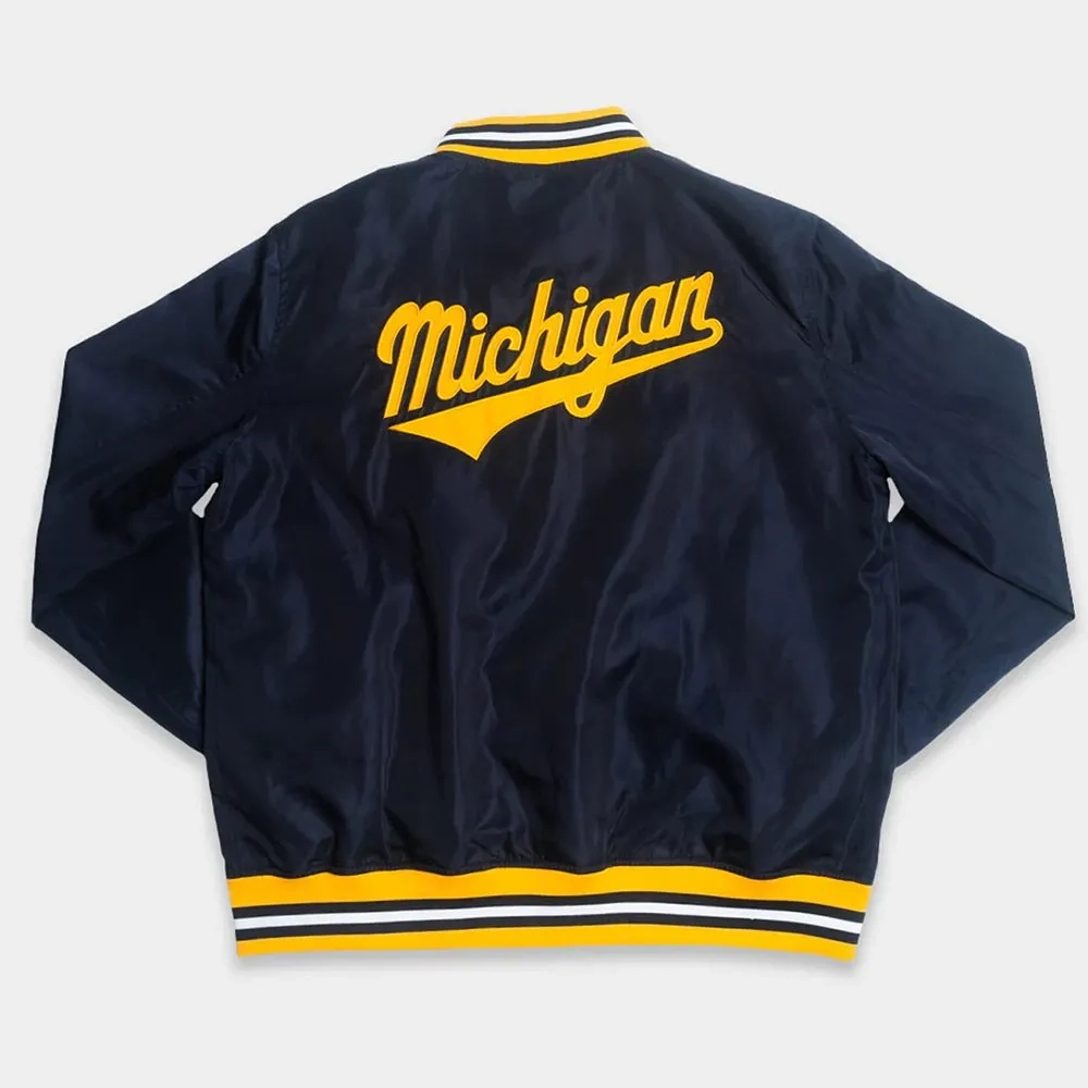 Michigan wolverine sailor hat script navy satin varsity jacket 1
