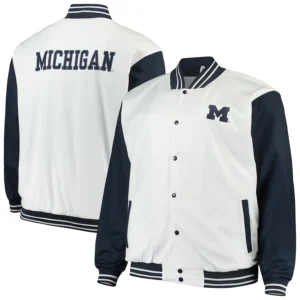 Michigan wolverines big tall whitenavy polyester varsity jacket 1