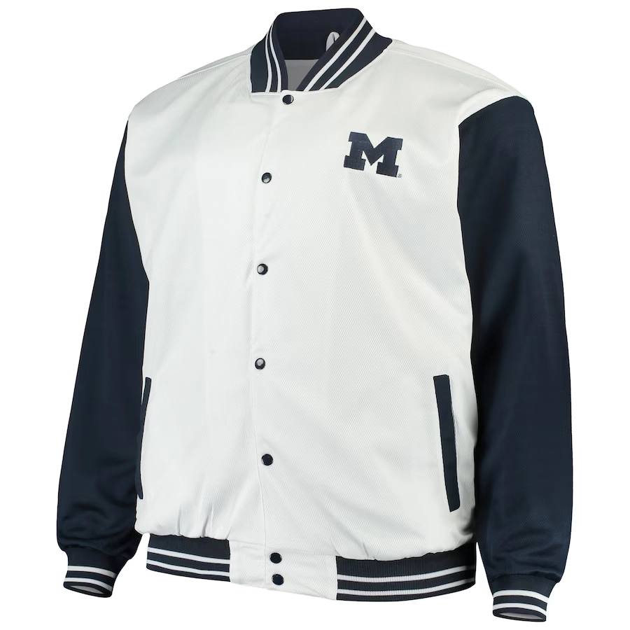 Michigan wolverines big tall whitenavy polyester varsity jacket 2