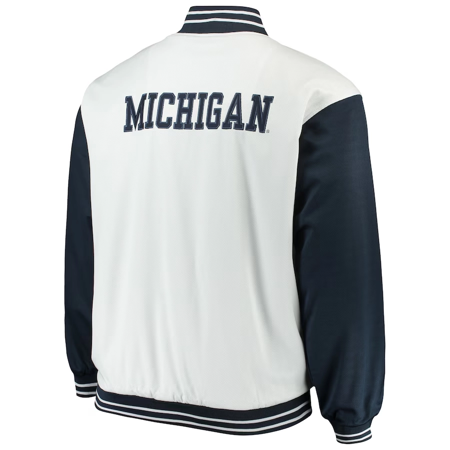 Michigan wolverines big tall whitenavy polyester varsity jacket 4