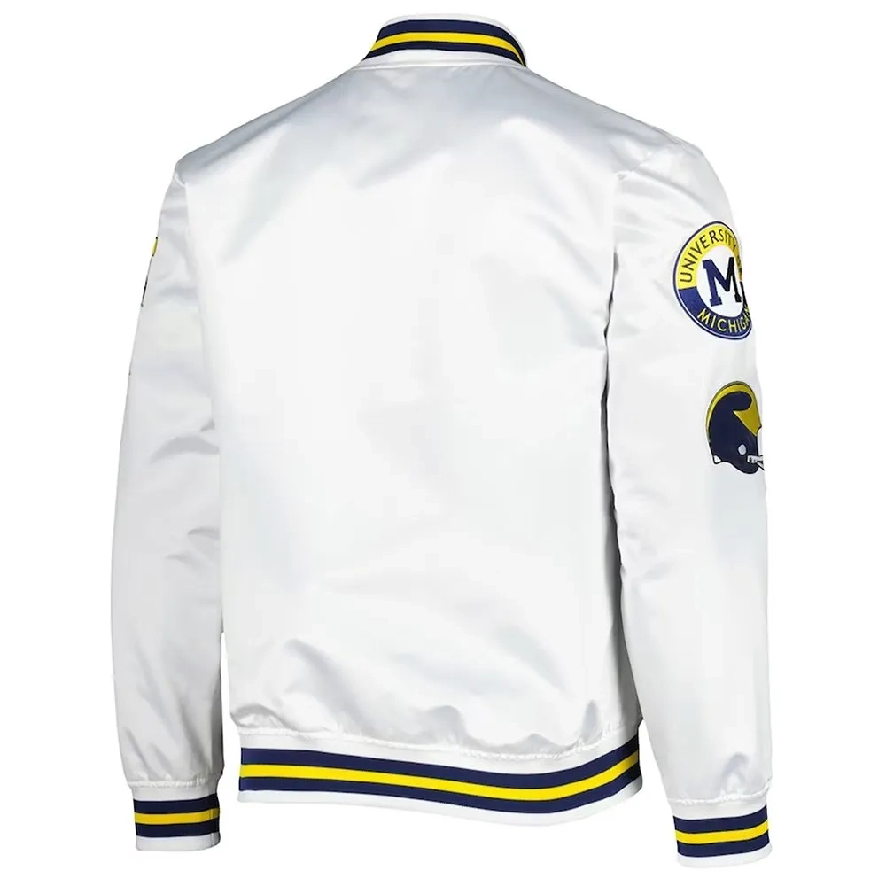 Michigan wolverines city collection white satin varsity jacket 1