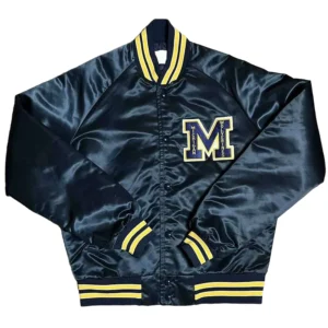 Michigan wolverines spellout navy satin varsity jacket 1