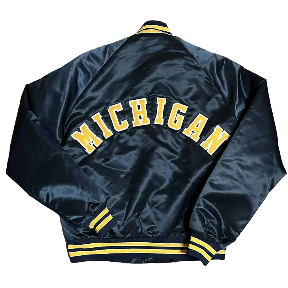Michigan wolverines spellout navy satin varsity jacket