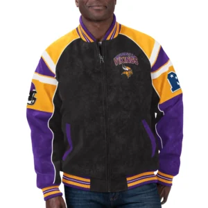 Minnesota vikings g iii sports by carl banks raglan blackpurple leather varsity jacket 1