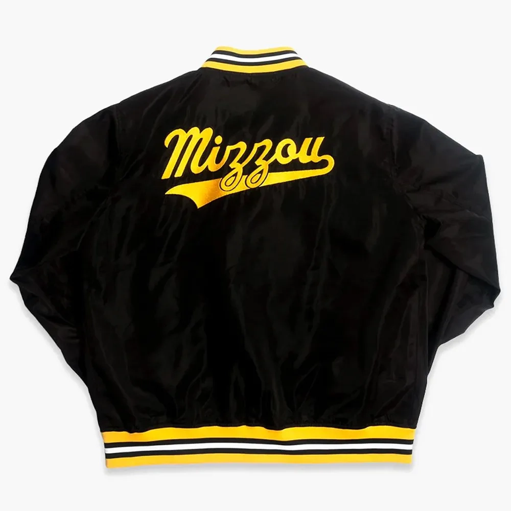 Missouri tigers vintage script bomber black satin varsity jacket 1