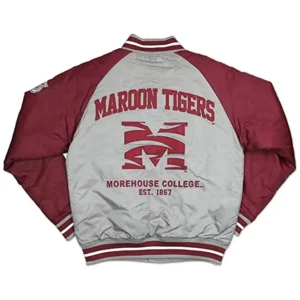 Morehouse tigers lightweight gray and maroon satin varsity jacket 1