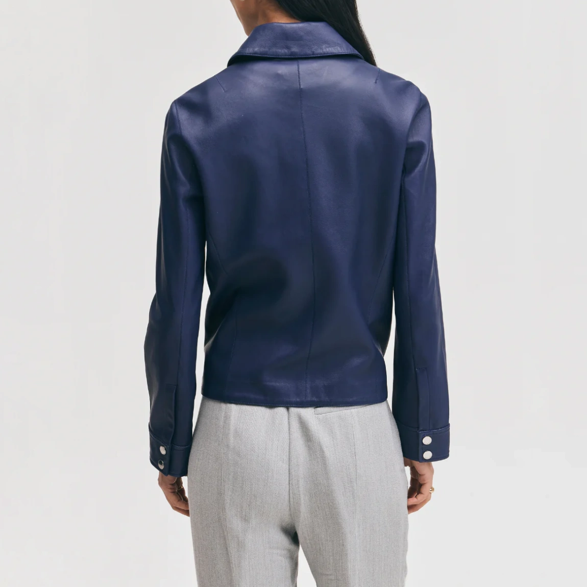 Navy womens leather jacket concealed zipper