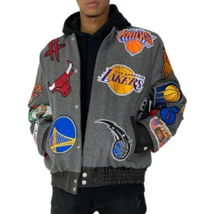 Nba collage wool leather jacket grey