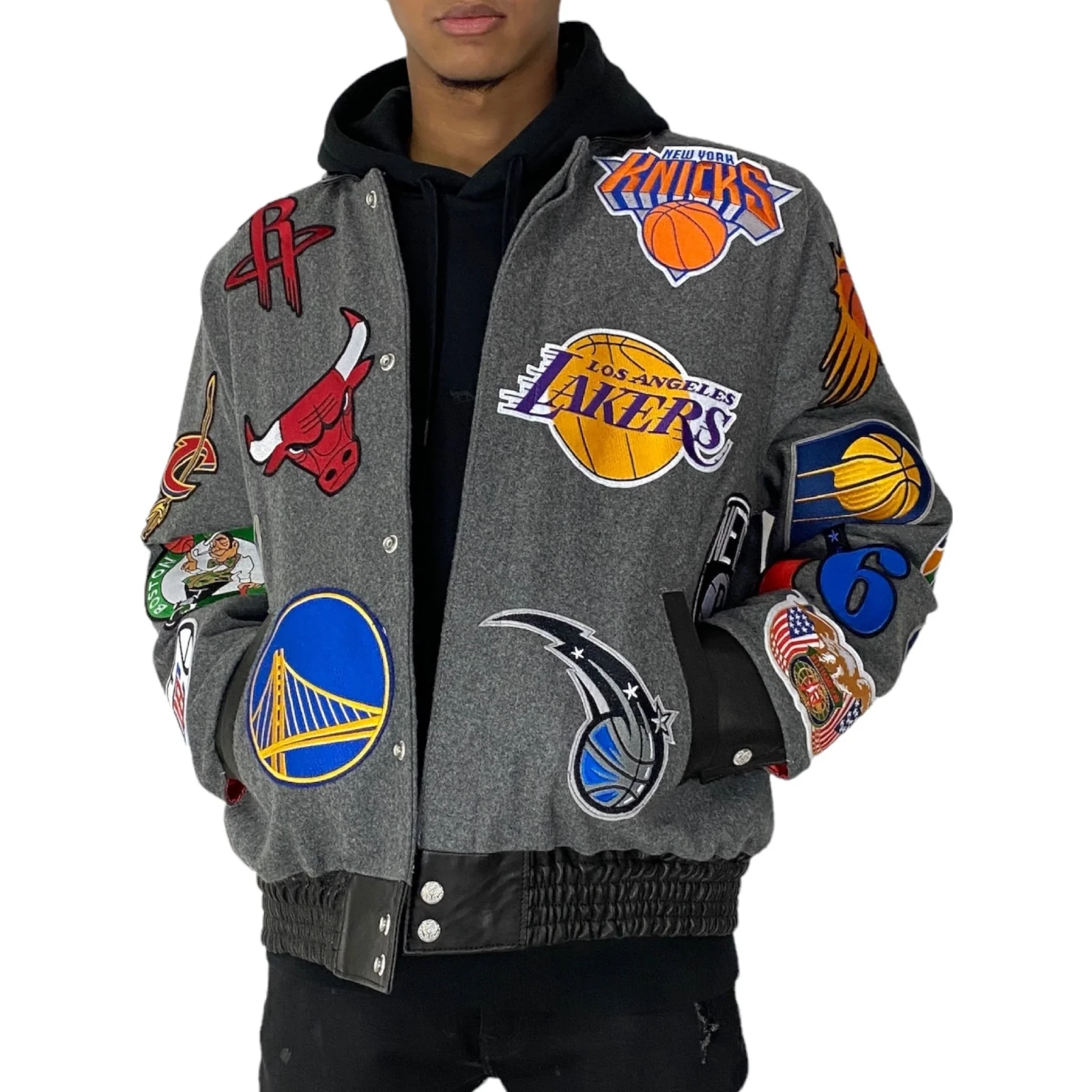 Nba collage wool leather jacket grey