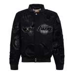 NBA Collage Multi Patch Black Wool/Leather Bomber Jacket