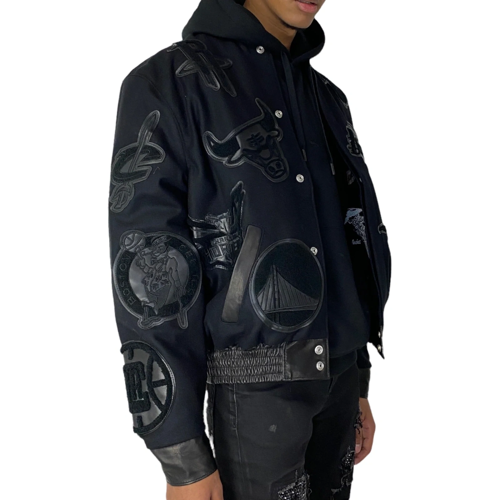 Nba collage wool leather jacket triple black 3