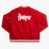 Nebraska cornhuskers script logo bomber red satin varsity jacket 2