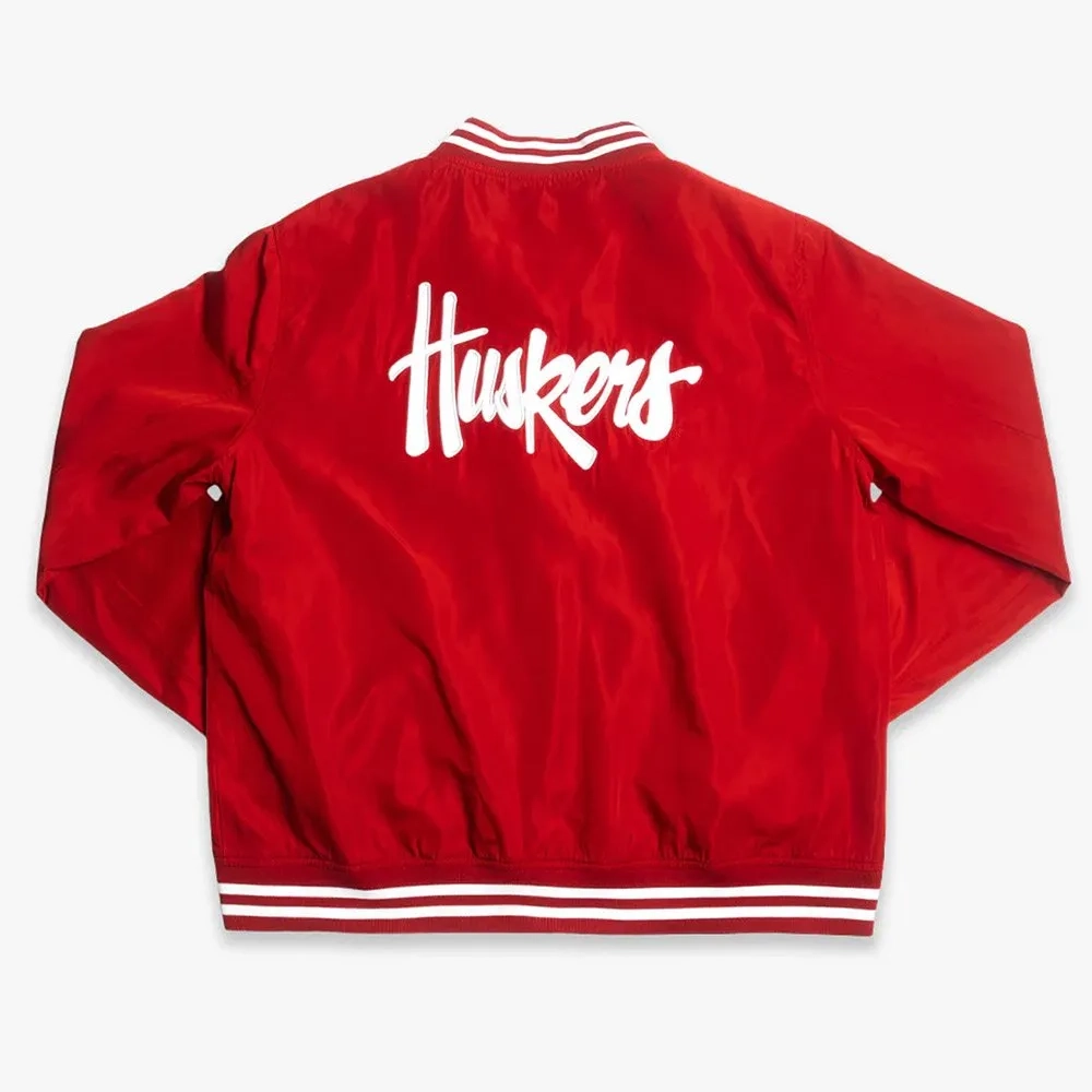 Nebraska cornhuskers script logo bomber red satin varsity jacket 2