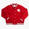 Nebraska cornhuskers script logo bomber red satin varsity jacket 3
