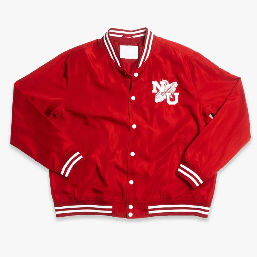 Nebraska cornhuskers script logo bomber red satin varsity jacket 3