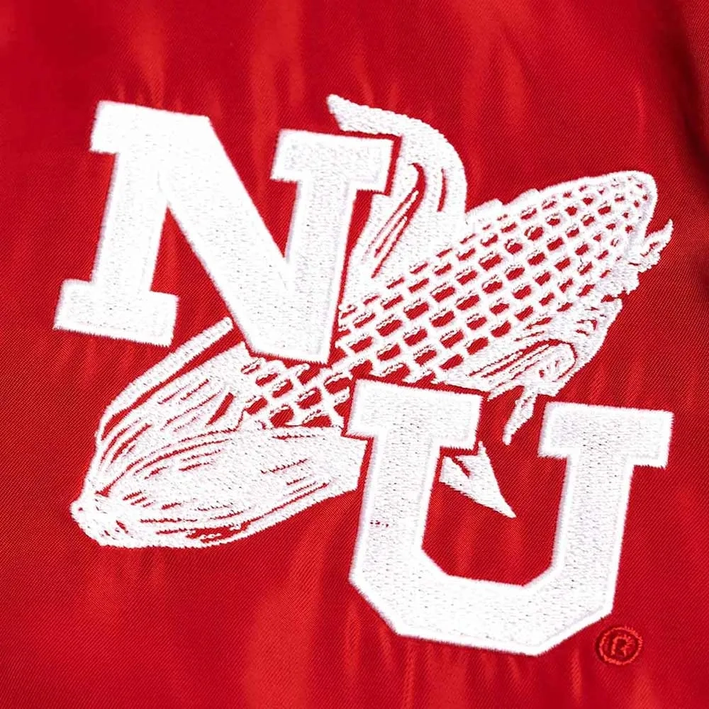 Nebraska cornhuskers script logo bomber red satin varsity jacket