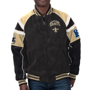 New orleans saints g iii sports by carl banks raglan blackcream leather varsity jacket 1
