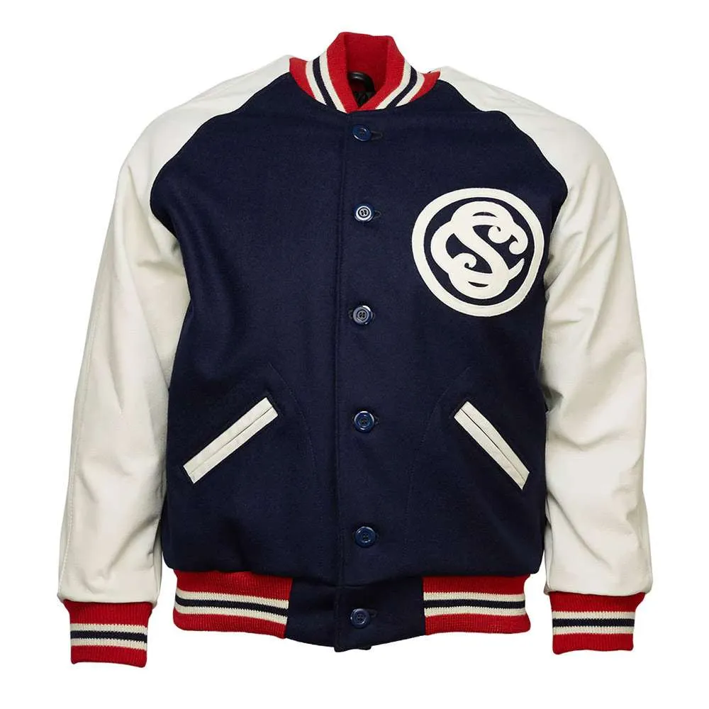 New york cuban stars 1927 full snap navy white satin varsity jacket 3