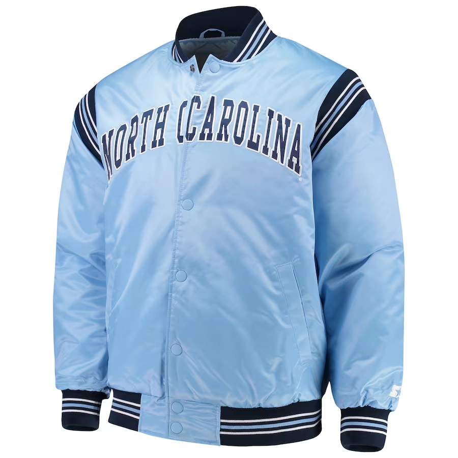 North carolina tar heels enforcer full snap satin varsity jacket blue 1