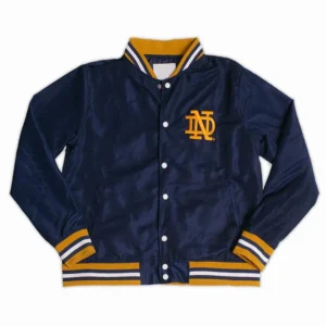 Notre dame fighting irish script navy satin varsity jacket 1