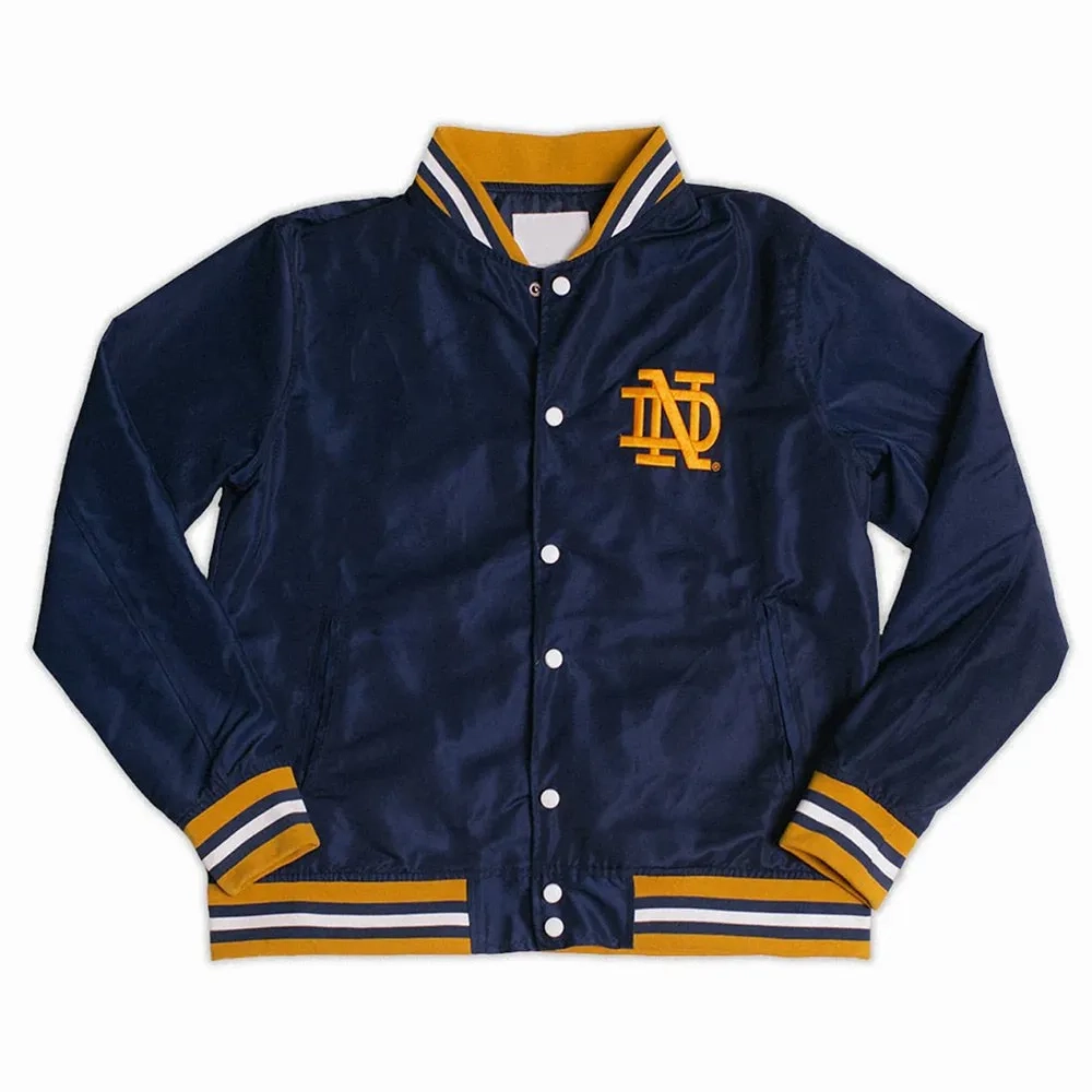 Notre dame fighting irish script navy satin varsity jacket 1