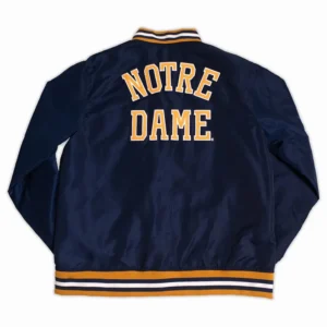 Notre dame fighting irish script navy satin varsity jacket