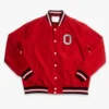 Ohio state buckeyes script logo bomber red satin varsity jacket 1