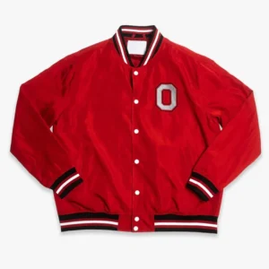 Ohio state buckeyes script logo bomber red satin varsity jacket 1