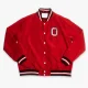 Ohio state buckeyes script logo bomber red satin varsity jacket 1
