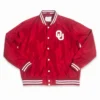 Oklahoma sooners vintage script bomber red satin varsity jacket 2