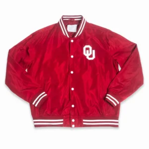 Oklahoma sooners vintage script bomber red satin varsity jacket 2