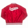Oklahoma sooners vintage script bomber red satin varsity jacket 3