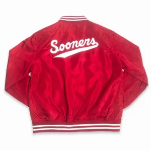 Oklahoma sooners vintage script bomber red satin varsity jacket 3
