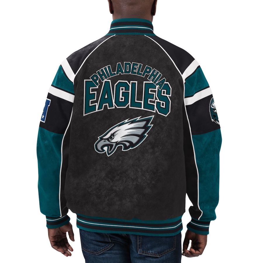 Philadelphia eagles g iii sports by carl banks raglan black leather varsity jacket 1