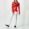 Red womens leather biker jacket wide collar full view
