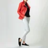 Red womens leather jacket wide collar full side view